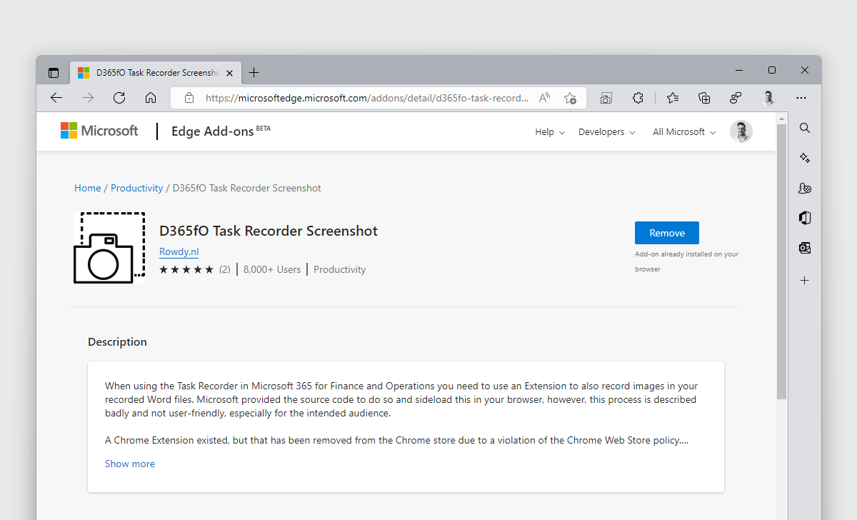 D365fO Task Recorder screenshot Extension